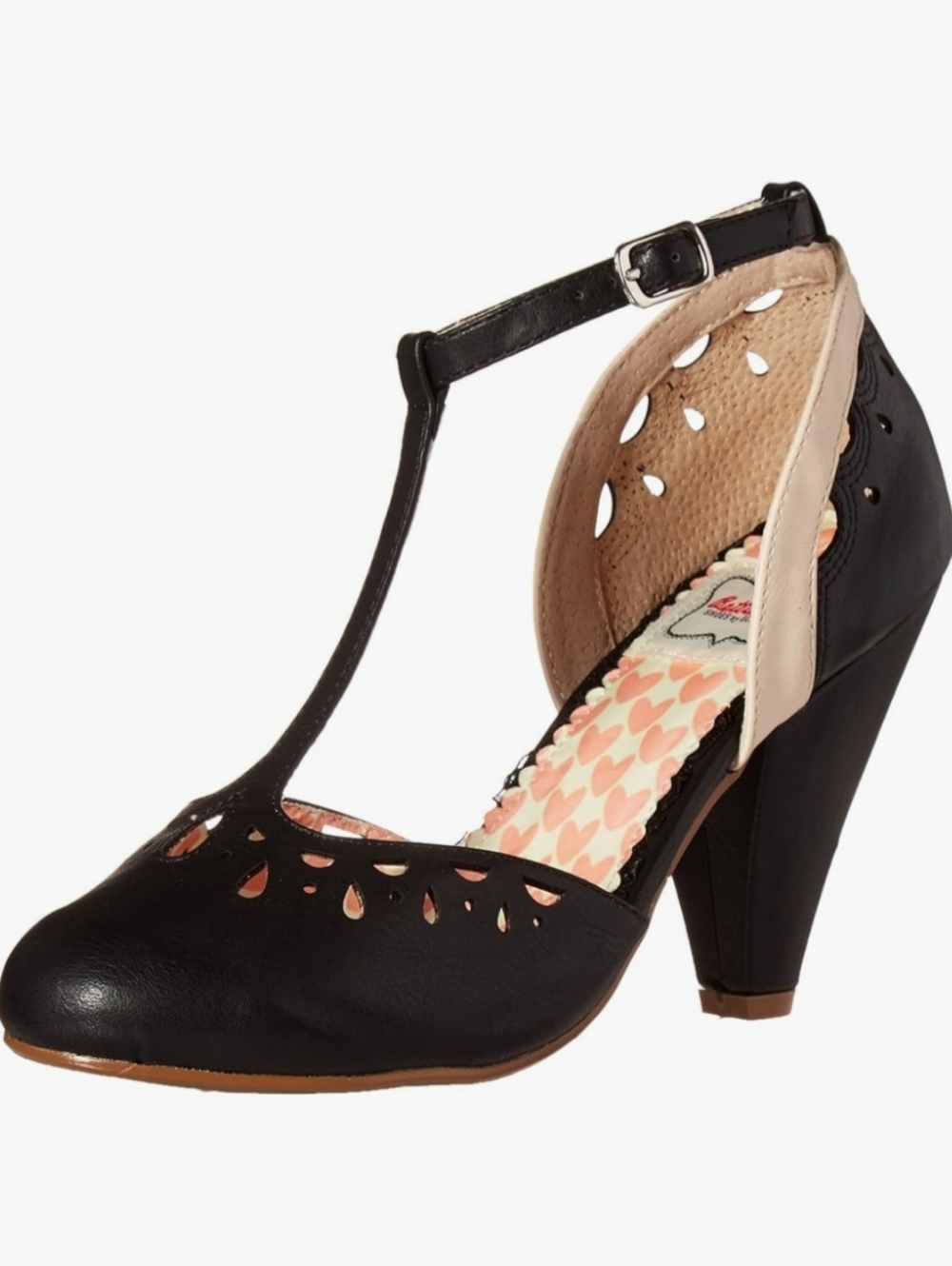 Bettie Page Black w/ Cream Cutout T-Strap Retro Heels Size Vintage Style Pinup 9